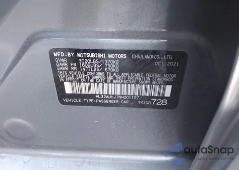 2022 Mitsubishi Mirage Es/Le z USA, uszkodzony, nr VIN ML32AUHJ7NH001197